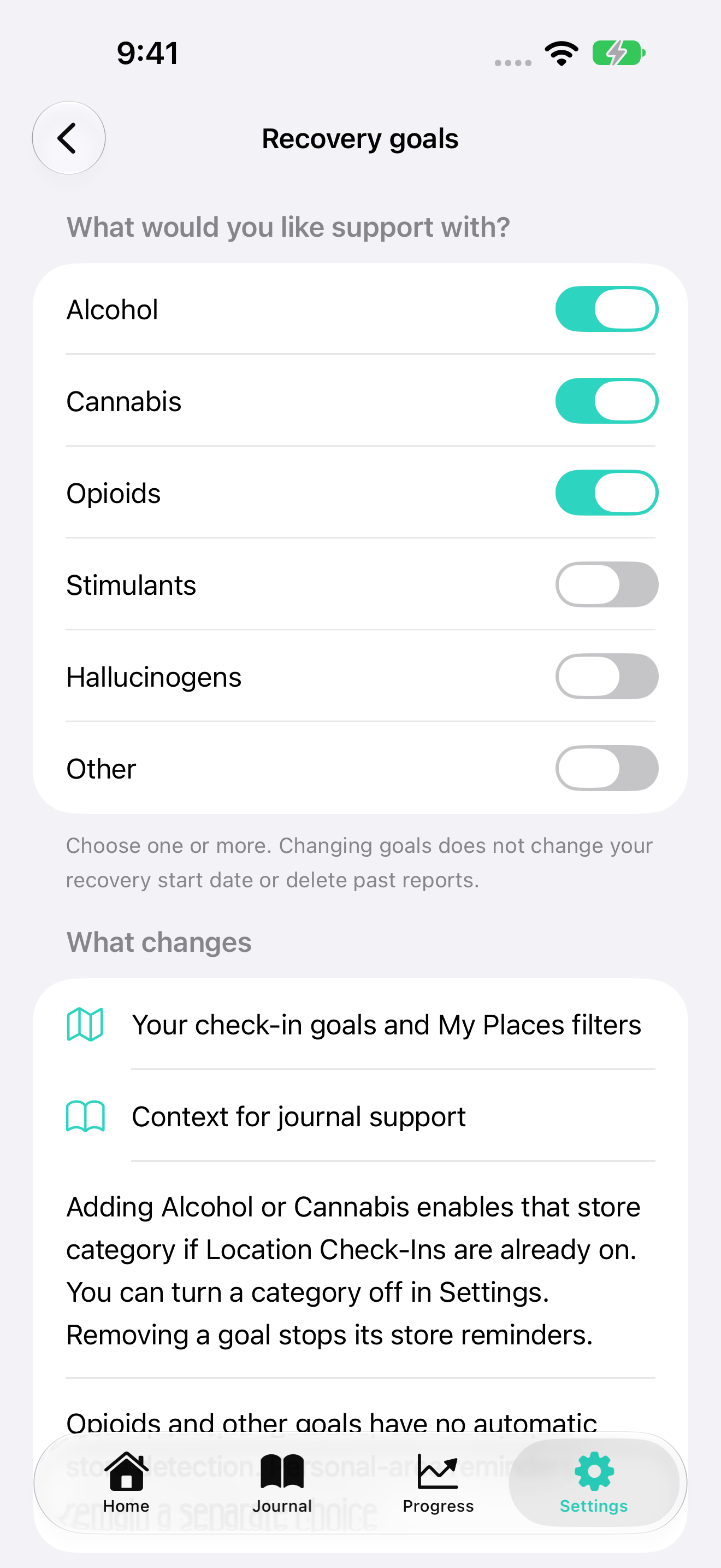 Rana recovery-goal settings with alcohol, cannabis and opioid goals selected
