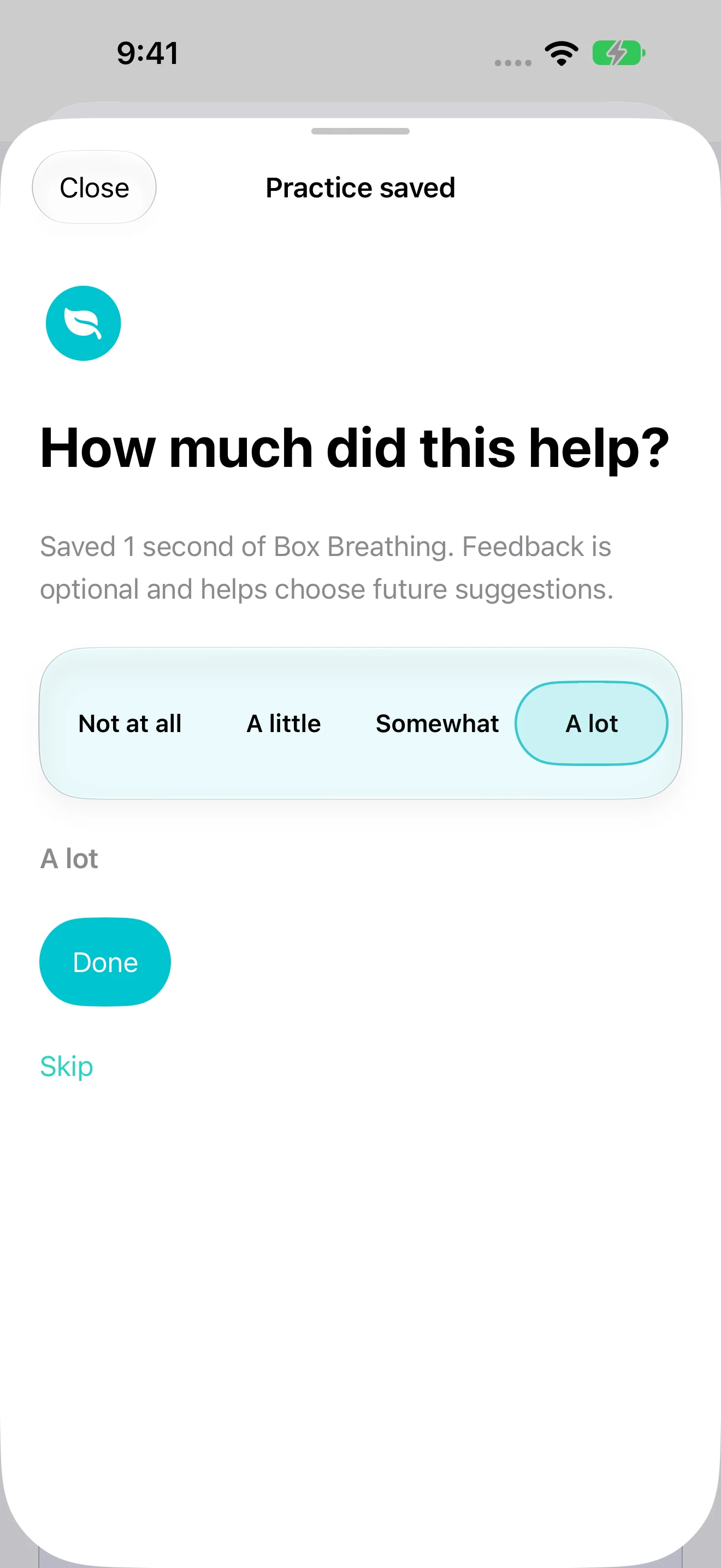 The optional four-level feedback control after a saved breathing practice