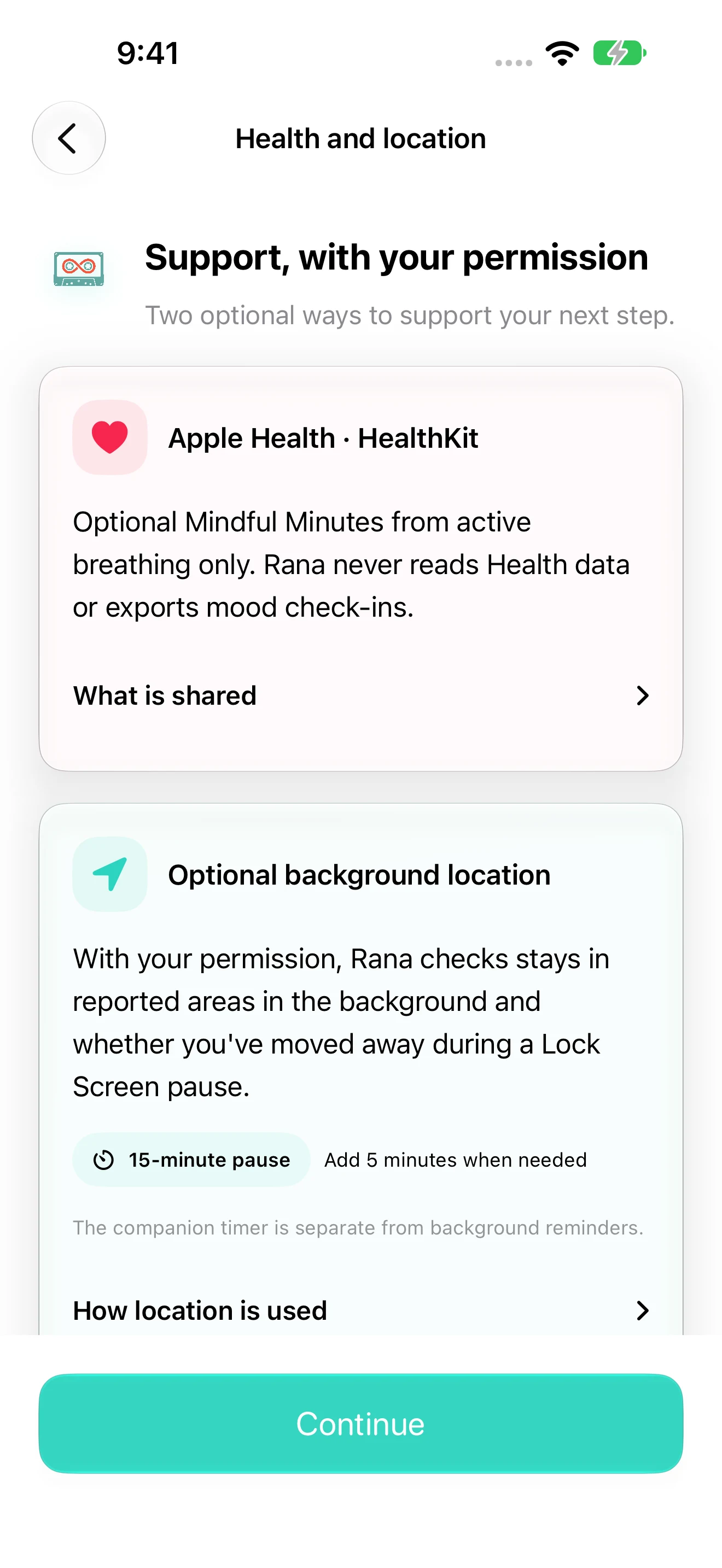 The new Rana Health and location guide, with optional breathing exports and background-location explanations